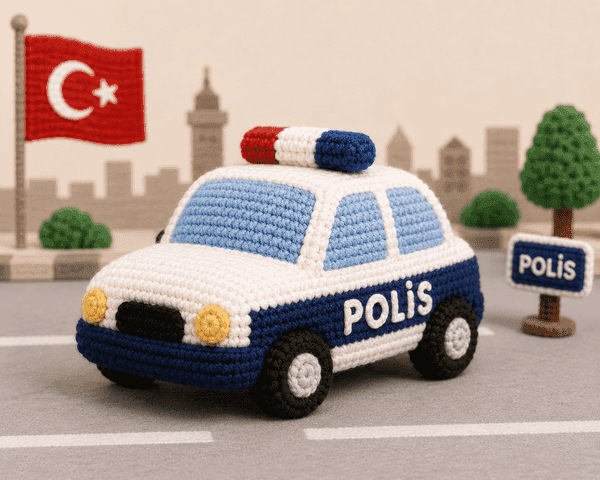 Mavi beyaz örgü polis arabası oyuncak
